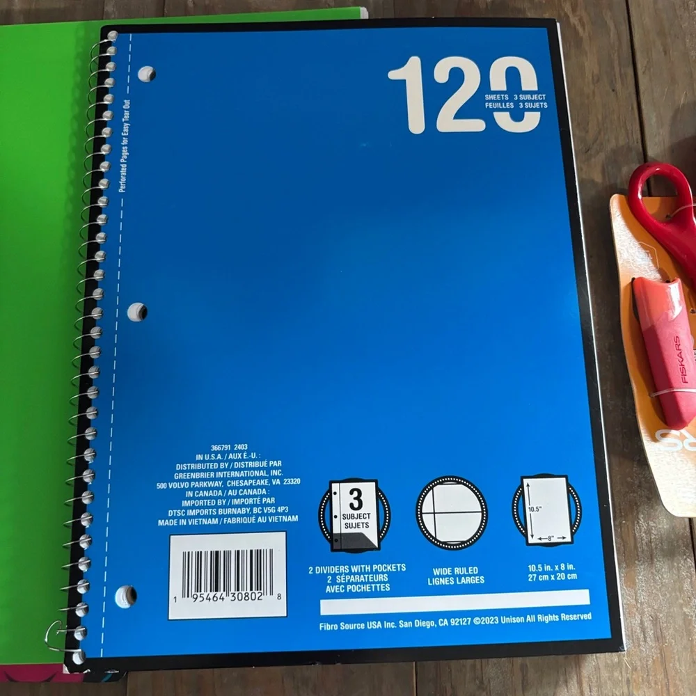 New Colorful Spiral Notebooks, happy face 3 ring binder and Scissors Set